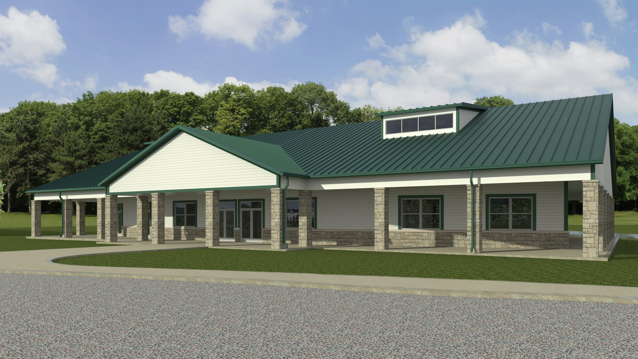 Rendering of an white, green, and stone education building
