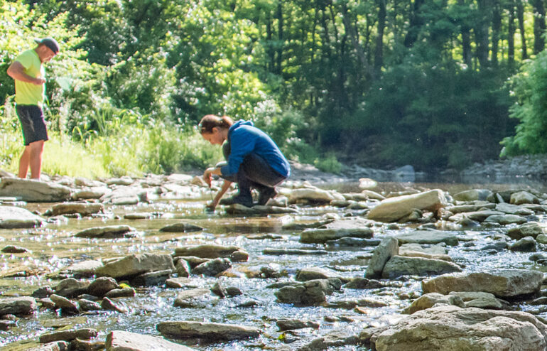 Three educators exploring creek and observing rocks
