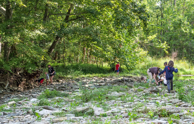field trip of fourth graders exploring the creek at Greenacres Miami Township Clermont County