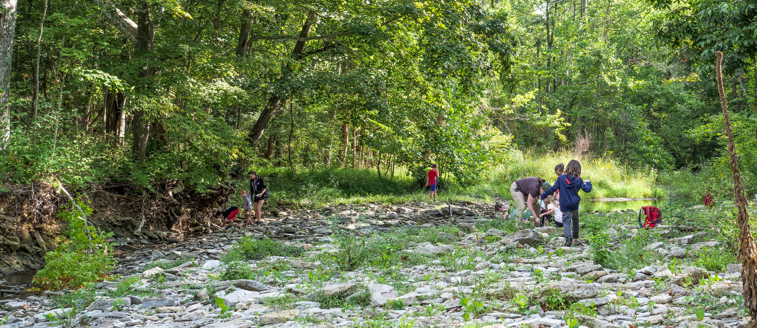 field trip of fourth graders exploring the creek at Greenacres Miami Township Clermont County
