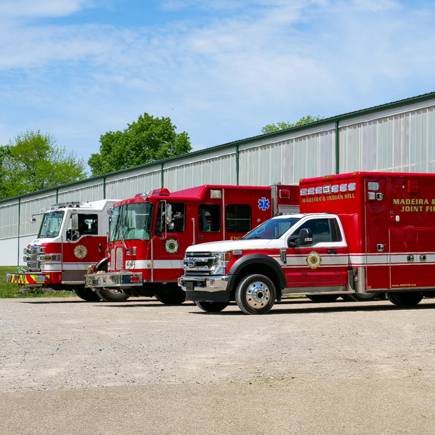Fire trucks in front of equine riding center for first responders equine training